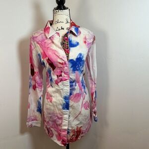 Soft Surroundings Vibrant Floral Print Button Up Shirt Size L Made in India